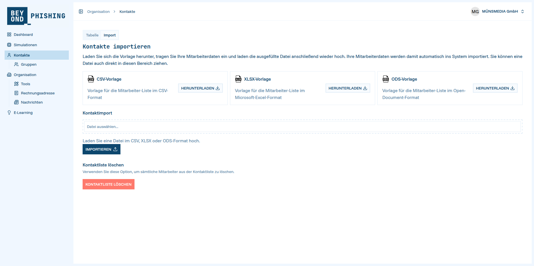 Ein Bereich zum Importieren von Kontakten auf dem Beyond Phishing Dashboard.