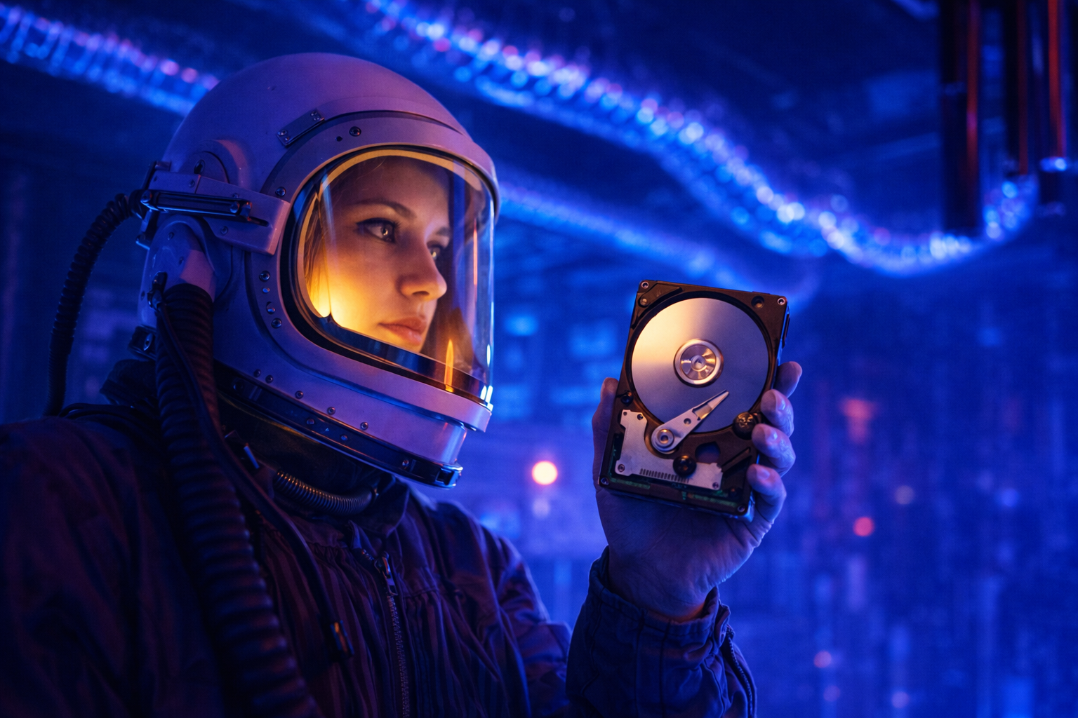 Atronautin hält Festplatte in der Hand